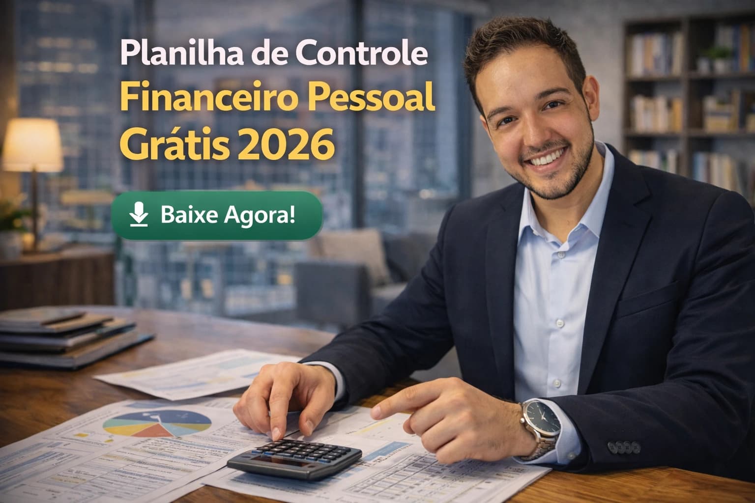 Planilha de Controle Financeiro Pessoal Grátis 2026 - profissional em escritório com documentos financeiros e calculadora