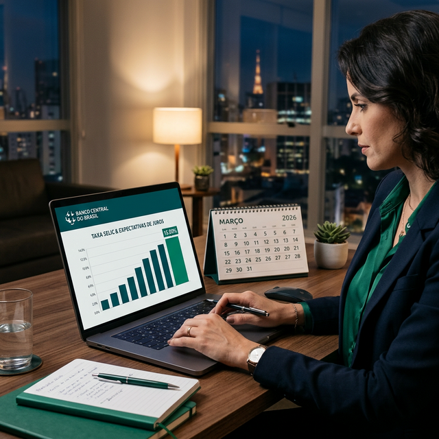 Gráfico da reunião do COPOM de março 2026 com Selic a 15,00% e projeção de corte para 14,50%