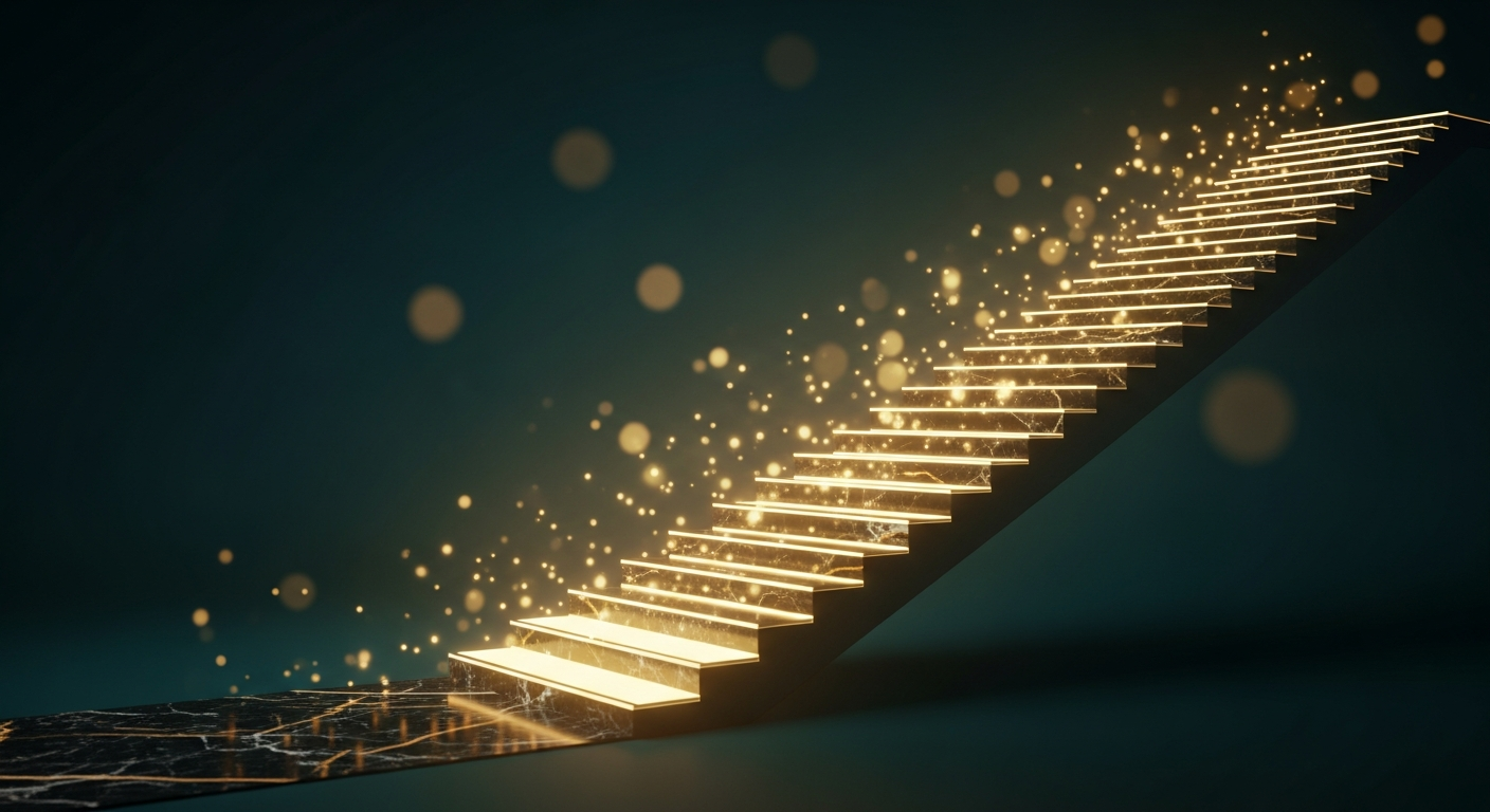 Escadaria dissolvendo em luz dourada representando os primeiros passos do investidor iniciante